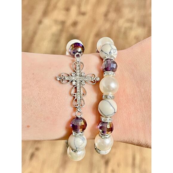 Crystal Cross Pearl Howlite Crystal Bracelet Set - Picture 2 of 12